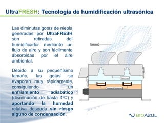 Las diminutas gotas de niebla
generadas por UltraFRESH
son retiradas del
humidificador mediante un
flujo de aire y son fácilmente
absorbidas por el aire
ambiental.
Debido a su pequeñísimo
tamaño, las gotas se
evaporan muy rápidamente,
consiguiendo un
enfriamiento adiabático
(disminución de hasta 4ºC) y
aportando la humedad
relativa deseada sin riesgo
alguno de condensación.
UltraFRESH: Tecnología de humidificación ultrasónica
 