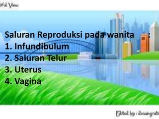 Saluran Reproduksi pada wanita :
1. Infundibulum
2. Saluran Telur
3. Uterus
4. Vagina
 
