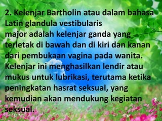2. Kelenjar Bartholin atau dalam bahasa
Latin glandula vestibularis
major adalah kelenjar ganda yang
terletak di bawah dan di kiri dan kanan
dari pembukaan vagina pada wanita.
Kelenjar ini menghasilkan lendir atau
mukus untuk lubrikasi, terutama ketika
peningkatan hasrat seksual, yang
kemudian akan mendukung kegiatan
seksual.
 