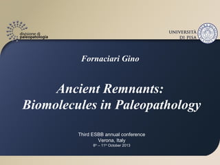Fornaciari Gino

Ancient Remnants:
Biomolecules in Paleopathology
Third ESBB annual conference
Verona, Italy
8th – 11th October 2013

 