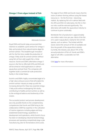 NNFCC News Review, April 2017, Page 14 of 24
Omega-3 from algae instead of fish
Wikimedia Commons
Royal DSM and Evonik today announced their
intention to establish a joint venture for omega-3
fatty acid products from natural marine algae for
animal nutrition. This breakthrough innovation
will, for the first time, enable the production of
omega-3 fatty acids for animal nutrition without
using fish oil from wild caught fish, a finite
resource. Evonik and DSM’s alternative omega-3
source is the first to offer both EPA and DHA and
will be aimed at initial applications in salmon
aquaculture and pet food. The companies will
together build a commercial-scale production
facility in the United States.
Evonik’s and DSM’s highly concentrated algal oil is
a high value and pure source that will enable the
animal nutrition industry to keep up with the
increasing demand for these two essential omega-
3 fatty acids without endangering fish stocks,
contributing to healthy animal nutrition as well as
to the ecological balance and biodiversity of the
oceans.
The successful product and process development
was only possible thanks to the complementary
competencies that Evonik and DSM bring to the
collaboration: DSM has expertise in the cultivation
of marine organisms including algae and long-
established biotechnology capabilities in
development and operations, whilst Evonik’s focus
has been on developing industrial biotechnology
processes and operating competitively large-scale
manufacturing sites for fermentative amino acids.
The algal oil from DSM and Evonik means that the
vision of salmon farming without using fish-based
resources is – for the first time – becoming
realistic. By replacing fish oil in salmon feed with
this EPA and DHA rich alternative, the fish-in-fish-
out ratio could be reduced significantly. This
alternative will enable the aquaculture industry to
continue to grow sustainably.
Worldwide fish oil production is approximately
one million metric tons per year. Most of the fish
oil is used in aquaculture, mainly for fat-rich fish
species, such as salmon. The limited wild fish
stocks restrict the amount of fish oil available and
thus the growth of the aquaculture industry.
Currently, the industry uses about 75% of the
annual production of fish oil. Evonik and DSM’s
algal oil will offer a sustainable non-fish
alternative.
Click here for more information.
 
