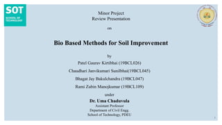 Bio Based Methods for Soil Improvement
by
Patel Gaurav Kirtibhai (19BCL026)
Chaudhari Janvikumari Sunilbhai(19BCL045)
Bhagat Jay Bakulchandra (19BCL047)
Rami Zubin Manojkumar (19BCL109)
Dr. Uma Chaduvula
Assistant Professor
Department of Civil Engg.
School of Technology, PDEU
under
Minor Project
Review Presentation
on
1
 
