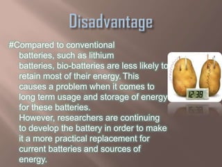 #Compared to conventional
  batteries, such as lithium
  batteries, bio-batteries are less likely to
  retain most of their energy. This
  causes a problem when it comes to
  long term usage and storage of energy
  for these batteries.
  However, researchers are continuing
  to develop the battery in order to make
  it a more practical replacement for
  current batteries and sources of
  energy.
 