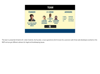 TEAM
DR. JULIEN COLOMB
CEO, GENETICIST
BERLIN
I.T. CROW
B. MULDOWN
DEVELOPER
LEIPZIG
A. DOEBLER
CTO
BERLIN
V. MLAKER
DEVELOPER
CALIFORNIA
ADVISORSFOUNDER
M. MENZEL:	 BOOKKEEPING
M. KOEHLER:	 LEGAL NOTICE
S. KROHN:	 BUS. INITIAL DVT
YOU:	 BUS. EXTENSION
The team is presently limited to Dr. Julien Colomb, the founder, a neuro-geneticist which knows the customers well; three web-developers worked on the
MVP and we got different advisors for legal and bookkeeping issues.
 