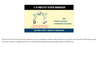 1: A FREE FLY STOCK MANAGER
HALFWAY AFTER 1 MONTH OF MARKETING
GOAL:
• 70 labs (i.e. 300 users)
• 25 000 ﬂy lines in the network
“Put your stock list online,

but keep it safe, keep it secret”
Our first move into this market was the production of a stock management software, where scientist can access their stock list online, while keeping it safe
and secret. Our goal is to gather enough users to make fly sharing possible, getting a supply of about 25 000 fly lines.
 
