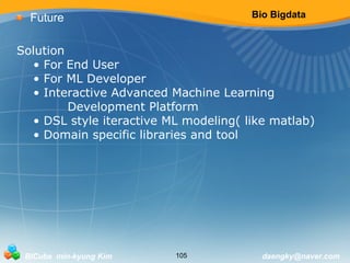 Bio Bigdata 
Future 
Solution 
• For End User 
• For ML Developer 
• Interactive Advanced Machine Learning 
Development Platform 
• DSL style iteractive ML modeling( like matlab) 
• Domain specific libraries and tool 
BICube min-kyung Kim 105 daengky@naver.com 
 