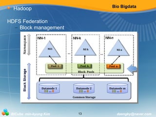Bio Bigdata 
Hadoop 
HDFS Federation 
– Block management 
BICube min-kyung Kim 13 daengky@naver.com 
 