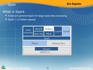 Bio Bigdata 
Spark 
What is Spark 
• A fast and general engine for large-scale data processing 
• Spark 1.1.0 (latest release) 
BICube min-kyung Kim 31 daengky@naver.com 
 