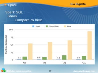 Bio Bigdata 
Spark 
Spark SQL 
Shark 
Compare to hive 
BICube min-kyung Kim 39 daengky@naver.com 
 