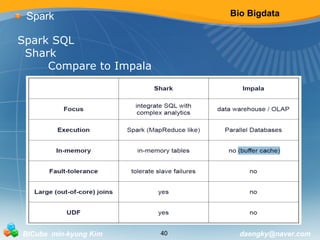 Bio Bigdata 
Spark 
Spark SQL 
Shark 
Compare to Impala 
BICube min-kyung Kim 40 daengky@naver.com 
 