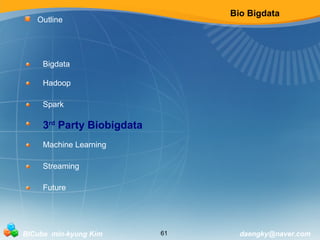 Bio Bigdata 
Outline 
Bigdata 
Hadoop 
Spark 
3rd Party Biobigdata 
Machine Learning 
Streaming 
Future 
BICube min-kyung Kim 61 daengky@naver.com 
 