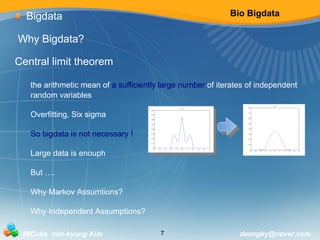 Bio Bigdata 
Bigdata 
Why Bigdata? 
Central limit theorem 
the arithmetic mean of a sufficiently large number of iterates of independent 
random variables 
Overfitting, Six sigma 
So bigdata is not necessary ! 
Large data is enouph 
But …. 
Why Markov Assumtions? 
Why Independent Assumptions? 
BICube min-kyung Kim 7 daengky@naver.com 
 