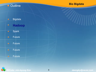 Bio Bigdata 
Outline 
Bigdata 
Hadoop 
Spark 
Future 
Future 
Future 
Future 
BICube min-kyung Kim 8 daengky@naver.com 
 