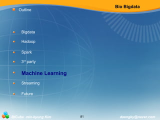 Bio Bigdata 
Outline 
Bigdata 
Hadoop 
Spark 
3rd party 
Machine Learning 
Streaming 
Future 
BICube min-kyung Kim 81 daengky@naver.com 
 