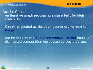 Bio Bigdata 
Machine Learning 
Apache Giraph 
An iterative graph processing system built for high 
scalability 
Giraph originated as the open-source counterpart to 
Pregel 
are inspired by the Bulk Synchronous Parallel model of 
distributed computation introduced by Leslie Valiant. 
BICube min-kyung Kim 89 daengky@naver.com 
 