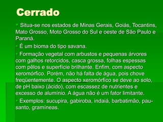 Cerrado
 Situa-se nos estados de Minas Gerais, Goiás, Tocantins,
Mato Grosso, Moto Grosso do Sul e oeste de São Paulo e
Paraná.
 É um bioma do tipo savana.
 Formação vegetal com arbustos e pequenas árvores
com galhos retorcidos, casca grossa, folhas espessas
com pêlos e superfície brilhante. Enfim, com aspecto
xeromórfico. Porém, não há falta de água, pois chove
freqüentemente. O aspecto xeromórfico se deve ao solo,
de pH baixo (ácido), com escassez de nutrientes e
excesso de alumínio. A água não é um fator limitante.
 Exemplos: sucupira, gabiroba, indaiá, barbatimão, pau-
santo, gramíneas.
 