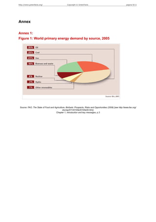 http://www.greenfacts.org/                         Copyright © GreenFacts                                         pagina 9/11




Annex

Annex 1:
Figure 1: World primary energy demand by source, 2005




 Source: FAO, The State of Food and Agriculture, Biofuels: Prospects, Risks and Opportunities (2008) [see http://www.fao.org/
                                             docrep/011/i0100e/i0100e00.htm],
                                     Chapter 1, Introduction and key messages, p.3
 