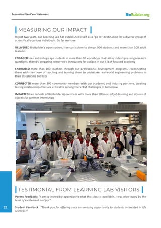 In just two years, our Learning Lab has established itself as a “go to” destination for a diverse group of
scientifically-curious individuals. So far we have
DELIVERED BioBuilder’s open-source, free curriculum to almost 900 students and more than 500 adult
learners
ENGAGED teen and college age students in more than 90 workshops that tackle today’s pressing research
questions, thereby preparing tomorrow’s innovators for a place in our STEM-focused economy
ENERGIZED more than 100 teachers through our professional development programs, reconnecting
them with their love of teaching and training them to undertake real-world engineering problems in
their classrooms and labs
CONNECTED more than 300 community members with our academic and industry partners, creating
lasting relationships that are critical to solving the STEM challenges of tomorrow
IMPACTED two cohorts of BioBuilder Apprentices with more than 50 hours of job training and dozens of
successful summer internships
Parent Feedback: “I am so incredibly appreciative that this class is available. I was blow away by the
level of excitement and joy.”
Student Feedback: “Thank you for offering such an amazing opportunity to students interested in life
sciences!”
MEASURING OUR IMPACT
TESTIMONIAL FROM LEARNING LAB VISITORS
Expansion Plan Case Statement
22
 