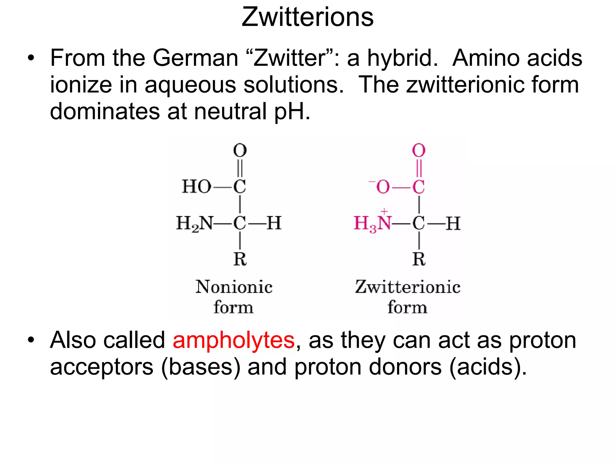 Zwitterions From the German “Zwitter”: a hybrid.  Amino acids ionize in aqueous solutions.  The zwitterionic form dominates at neutral pH. Also called  ampholytes , as they can act as proton acceptors (bases) and proton donors (acids). 