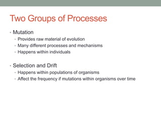 Two Groups of Processes
• Mutation
• Provides raw material of evolution
• Many different processes and mechanisms
• Happens within individuals
• Selection and Drift
• Happens within populations of organisms
• Affect the frequency if mutations within organisms over time
 