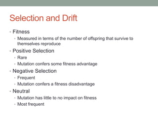 Selection and Drift
• Fitness
• Measured in terms of the number of offspring that survive to
themselves reproduce
• Positive Selection
• Rare
• Mutation confers some fitness advantage
• Negative Selection
• Frequent
• Mutation confers a fitness disadvantage
• Neutral
• Mutation has little to no impact on fitness
• Most frequent
 