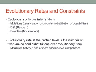 Evolutionary Rates and Constraints
• Evolution is only partially random
• Mutations (quasi-random, non-uniform distribution of possibilities)
• Drift (Random)
• Selection (Non-random)
• Evolutionary rate at the protein level is the number of
fixed amino acid substitutions over evolutionary time
• Measured between one or more species-level comparisons
 