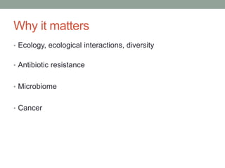 Why it matters
• Ecology, ecological interactions, diversity
• Antibiotic resistance
• Microbiome
• Cancer
 