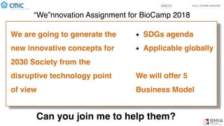 “We”nnovation Assignment for BioCamp 2018
We are going to generate the
new innovative concepts for
2030 Society from the
disruptive technology point
of view
Can you join me to help them?
SDGs agenda
Applicable globally
We will offer 5
Business Model
 