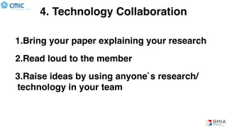 4. Technology Collaboration
1.Bring your paper explaining your research
2.Read loud to the member
3.Raise ideas by using anyone`s research/
technology in your team
 