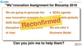 “We”nnovation Assignment for Biocamp 2018
We are going to generate the
new innovative concepts for
2030 Society from the
disruptive technology point
of view
Can you join me to help them?
SDGs agenda
Applicable globally
We will offer 5
Business Model
Reconﬁrmed
 