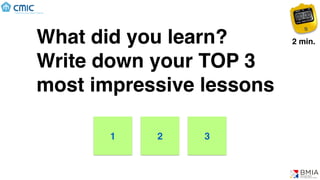 What did you learn?
Write down your TOP 3
most impressive lessons
(C) BMIA
2 min.
1 2 3
 