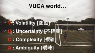 VUCA world…
V : Volatility [変動]
U : Uncertainty [不確実]
C : Complexity [複雑]
A : Ambiguity [曖昧]
 