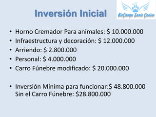 Inversión Inicial
•   Horno Cremador Para animales: $ 10.000.000
•   Infraestructura y decoración: $ 12.000.000
•   Arriendo: $ 2.800.000
•   Personal: $ 4.000.000
•   Carro Fúnebre modificado: $ 20.000.000

• Inversión Mínima para funcionar:$ 48.800.000
  Sin el Carro Fúnebre: $28.800.000
 