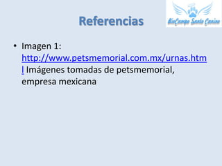 Referencias
• Imagen 1:
  http://www.petsmemorial.com.mx/urnas.htm
  l Imágenes tomadas de petsmemorial,
  empresa mexicana
 