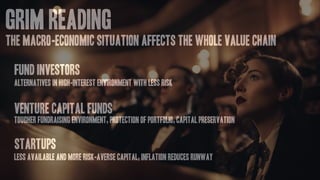Grim Reading
The macro-economic situation affects the whole value chain
Fund investors
Venture Capital Funds
Startups
Alternatives in high-interest environment with less risk
Tougher fundraising environment, protection of portfolio, capital preservation
Less available and more risk-averse capital, inflation reduces runway
 