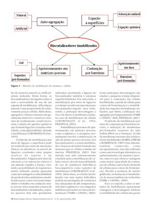 Figura 1 - Métodos de imobilização de enzimas e células


las de maneira natural ou artificial-                utilizados, permitindo a ligação do       Como principais desvantagens são
mente induzida. Desta forma, os                      biocatalisador também à estrutura         citadas: o pequeno volume disponí-
biocatalisadores são ligados entre si                superficial interna. Por outro lado, a    vel para a contenção das células
sem a necessidade de uso de um                       imobilização por meio de ligações         imobilizadas, a perda de células para
suporte de imobilização. A floculação                covalentes resulta em uma interação       o meio de fermentação e a instabili-
natural é uma propriedade de relati-                 biocatalisador-suporte mais forte,        dade dos suportes normalmente uti-
vamente poucas células. Além disso,                  sendo a principal desvantagem o           lizados, que limita a utilização dos
agregados celulares naturais são ge-                 risco de danos à membrana celular,        agregados por longos períodos (PARK
ralmente instáveis e sensíveis a ten-                no caso de imobilização de células        e CHANG, 2000; PRADELLA, 2001).
sões de cisalhamento, sendo neces-                   ( G R O B O I L L O T et al., 1 9 9 4 ;        O método de imobilização por
sária a adição de agentes químicos                   PRADELLA, 2001).                          meio de contenção por barreiras en-
que formam ligações cruzadas entre                         A imobilização por meio de apri-    volve a utilização de membranas
células, como glutaraldeído, durante                 sionamento em matrizes porosas,           pré-formadas (reatores do tipo
a imobilização (GROBOILLOT et al. ,                  como o alginato e a carragena, nor-       hollow fiber) ou a formação in situ
1994).                                               malmente envolve a sintetização in        da membrana em torno das células a
     O método de imobilização por                    situ da matriz porosa em torno dos        serem imobilizadas (KAREL, LIBICKI
meio de ligação a superfícies pode                   biocatalisadores a serem imobiliza-       e ROBERTSON, 1985). Este método,
ser realizado por meio de interações                 dos. Os poros da matriz formada são       também         conhecido         como
iônicas ou adsortivas, ou através de                 menores que as células contidas no        encapsulamento, tem sido utilizado
ligações covalentes entre grupos                     interior (PRADELLA, 2001). Este           como uma tecnologia alternativa ao
reativos do suporte e do                             método tem sido extensivamente            aprisionamento em matrizes poro-
biocatalisador. A ligação por meio de                estudado para a imobilização de cé-       sas, uma vez que oferece vantagens
adsorção e/ou interações iônicas é                   lulas viáveis, devido à possibilidade     como maior capacidade de conten-
um método simples e barato, exis-                    de uso de polímeros hidrofílicos          ção de células e prevenção da perda
tindo a possibilidade de regenerar a                 biocompatíveis como suportes de           de células para o meio de fermenta-
matriz utilizada, porém apresenta                    imobilização (GROBOILLOT et al.,          ção. Devido à ausência de núcleo
como desvantagem a vulnerabilidade                   1994). Além disso, as células imobi-      gelificado, as limitações à transferên-
de perda dos biocatalisadores imobi-                 lizadas em uma matriz hidrofílica         cia de massa também são reduzidas
lizados para o meio reacional impe-                  podem ser protegidas de condições         (PARK e CHANG, 2000).
dindo o trabalho em condições mui-                   não adequadas de pH, temperatura,              Face ao exposto, todos os mé-
to severas. Para aumentar a massa de                 solventes orgânicos e/ou compostos        todos de imobilização apresentam
biocatalisadores imobilizados, supor-                inibidores presentes no meio de fer-      vantagens e desvantagens. Embora
tes porosos têm sido geralmente                      mentação (PARK e CHANG, 2000).            a estabilidade das células não possa

50 Biotecnologia Ciência & Desenvolvimento ano IX - nº 36 - janeiro/junho 2006
 