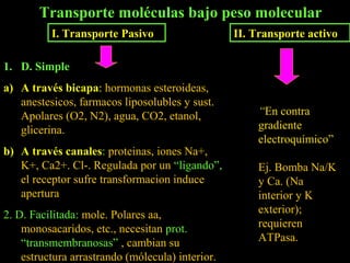 Transporte moléculas bajo peso molecular
          I. Transporte Pasivo                    II. Transporte activo

1. D. Simple
a) A través bicapa: hormonas esteroideas,
   anestesicos, farmacos liposolubles y sust.
   Apolares (O2, N2), agua, CO2, etanol,              “En contra
   glicerina.                                         gradiente
                                                      electroquímico”
b) A través canales: proteinas, iones Na+,
   K+, Ca2+. Cl-. Regulada por un “ligando”,          Ej. Bomba Na/K
   el receptor sufre transformacion induce            y Ca. (Na
   apertura                                           interior y K
2. D. Facilitada: mole. Polares aa,                   exterior);
    monosacaridos, etc., necesitan prot.              requieren
    “transmembranosas” , cambian su                   ATPasa.
    estructura arrastrando (mólecula) interior.
 