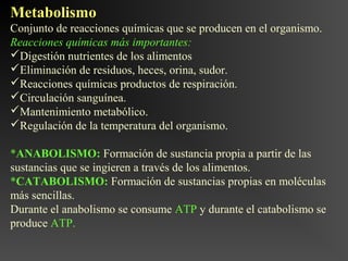 Metabolismo
Conjunto de reacciones químicas que se producen en el organismo.
Reacciones químicas más importantes:
Digestión nutrientes de los alimentos
Eliminación de residuos, heces, orina, sudor.
Reacciones químicas productos de respiración.
Circulación sanguínea.
Mantenimiento metabólico.
Regulación de la temperatura del organismo.

*ANABOLISMO: Formación de sustancia propia a partir de las
sustancias que se ingieren a través de los alimentos.
*CATABOLISMO: Formación de sustancias propias en moléculas
más sencillas.
Durante el anabolismo se consume ATP y durante el catabolismo se
produce ATP.
 