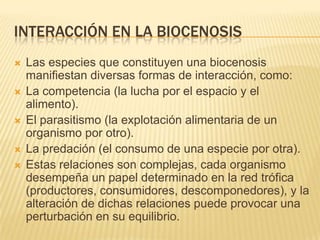INTERACCIÓN EN LA BIOCENOSIS
   Las especies que constituyen una biocenosis
    manifiestan diversas formas de interacción, como:
   La competencia (la lucha por el espacio y el
    alimento).
   El parasitismo (la explotación alimentaria de un
    organismo por otro).
   La predación (el consumo de una especie por otra).
   Estas relaciones son complejas, cada organismo
    desempeña un papel determinado en la red trófica
    (productores, consumidores, descomponedores), y la
    alteración de dichas relaciones puede provocar una
    perturbación en su equilibrio.
 