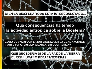 Que consecuencias ha tenido  la actividad antropica sobre la Biosfera? QUE SUCEDERIA SI DE LA FAZ DE LA TIERRA  EL SER HUMANO DESAPARECIERA? SI EN LA BIOSFERA TODO ESTA INTERCONECTADO… COMO CONVIVIR CON LA NATURALEZA DE LA CUAL HACEMOS PARTE PERO  SIN DEPREDARLA, SIN DESTRUIRLA? 