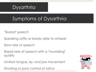 Symptoms of Dysarthria "Slurred" speech Speaking softly or barely able to whisper Slow rate of speech Rapid rate of speech with a "mumbling" quality Limited tongue, lip, and jaw movement Drooling or poor control of saliva Dysarthria 