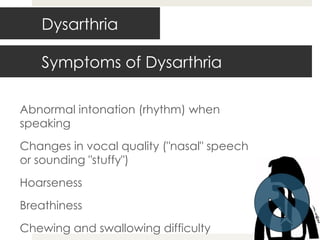Abnormal intonation (rhythm) when speaking Changes in vocal quality ("nasal" speech or sounding "stuffy") Hoarseness Breathiness Chewing and swallowing difficulty Symptoms of Dysarthria Dysarthria 
