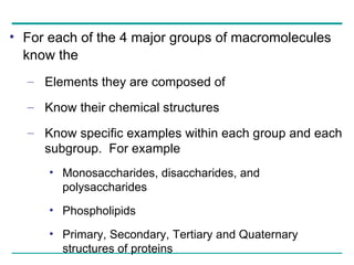 For each of the 4 major groups of macromolecules know the   Elements they are composed of Know their chemical structures Know specific examples within each group and each subgroup.  For example Monosaccharides, disaccharides, and polysaccharides Phospholipids Primary, Secondary, Tertiary and Quaternary structures of proteins 
