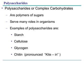 Polysaccharides Polysaccharides or Complex Carbohydrates Are polymers of sugars Serve many roles in organisms Examples of polysaccharides are: Starch Cellulose Glycogen Chitin  (pronounced  “Kite – in” ) 