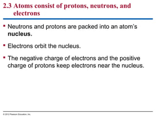 2.3 Atoms consist of protons, neutrons, and
electrons
 Neutrons and protons are packed into an atom’s
nucleus.
 Electrons orbit the nucleus.
 The negative charge of electrons and the positive
charge of protons keep electrons near the nucleus.
© 2012 Pearson Education, Inc.
 