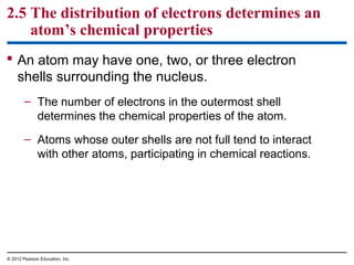 2.5 The distribution of electrons determines an
atom’s chemical properties
 An atom may have one, two, or three electron
shells surrounding the nucleus.
– The number of electrons in the outermost shell
determines the chemical properties of the atom.
– Atoms whose outer shells are not full tend to interact
with other atoms, participating in chemical reactions.
© 2012 Pearson Education, Inc.
 