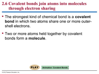 2.6 Covalent bonds join atoms into molecules
through electron sharing
 The strongest kind of chemical bond is a covalent
bond in which two atoms share one or more outer-
shell electrons.
 Two or more atoms held together by covalent
bonds form a molecule.
Animation: Covalent Bonds
© 2012 Pearson Education, Inc.
 