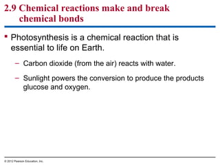 2.9 Chemical reactions make and break
chemical bonds
 Photosynthesis is a chemical reaction that is
essential to life on Earth.
– Carbon dioxide (from the air) reacts with water.
– Sunlight powers the conversion to produce the products
glucose and oxygen.
© 2012 Pearson Education, Inc.
 