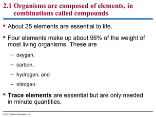  About 25 elements are essential to life.
 Four elements make up about 96% of the weight of
most living organisms. These are
– oxygen,
– carbon,
– hydrogen, and
– nitrogen.
 Trace elements are essential but are only needed
in minute quantities.
2.1 Organisms are composed of elements, in
combinations called compounds
© 2012 Pearson Education, Inc.
 