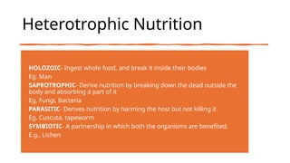 Heterotrophic Nutrition
HOLOZOIC​
- Ingest whole food, and break it inside their bodies​
Eg. Man​
SAPROTROPHIC​
- Derive nutrition by breaking down the dead outside the
body and absorbing a part of it​
Eg. Fungi, Bacteria​
PARASITIC​
- Derives nutrition by harming the host but not killing it ​
Eg. Cuscuta, tapeworm​
SYMBIOTIC​
- A partnership in which both the organisms are benefited.
E.g.. Lichen​
 